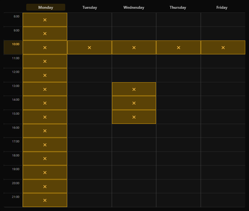 Timetable grid showing a blocked day column, a blocked hour row, and painted blocked cells