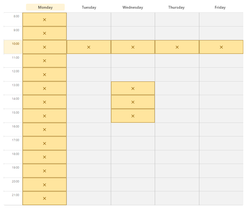 Timetable grid showing a blocked day column, a blocked hour row, and painted blocked cells