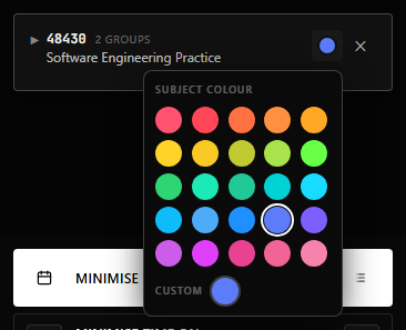 Subject colour picker showing the palette and custom colour input