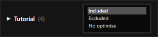 Tutorial activity group with the mode dropdown expanded to show Included, Excluded, and No optimise