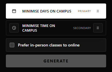Optimisation controls showing the preference cards, in-person checkbox, and generate button